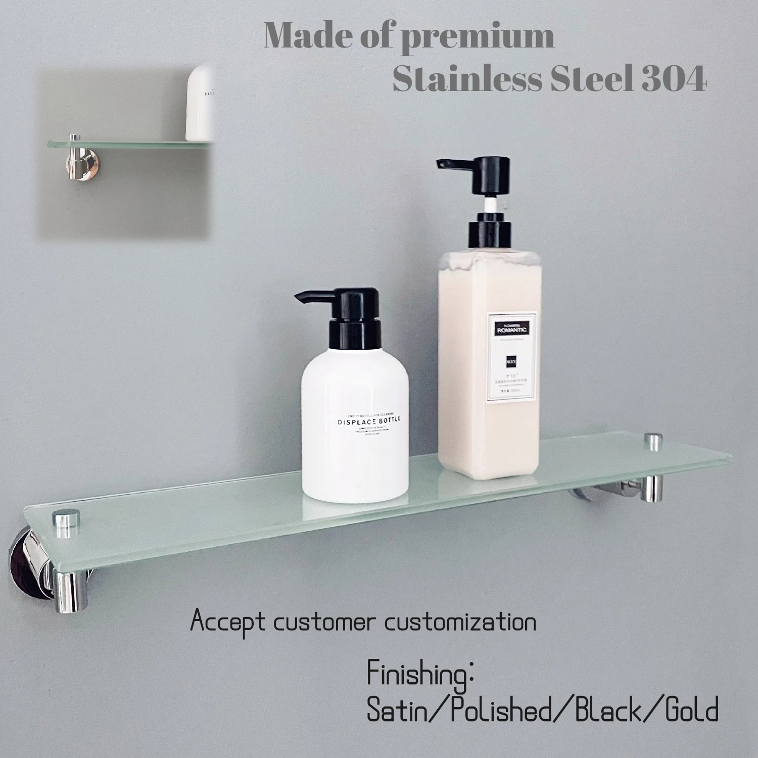 Wall Mount Stainless Steel Single Tier Glass Bathroom Shelf Glass Shower Shelf Bath Shelf