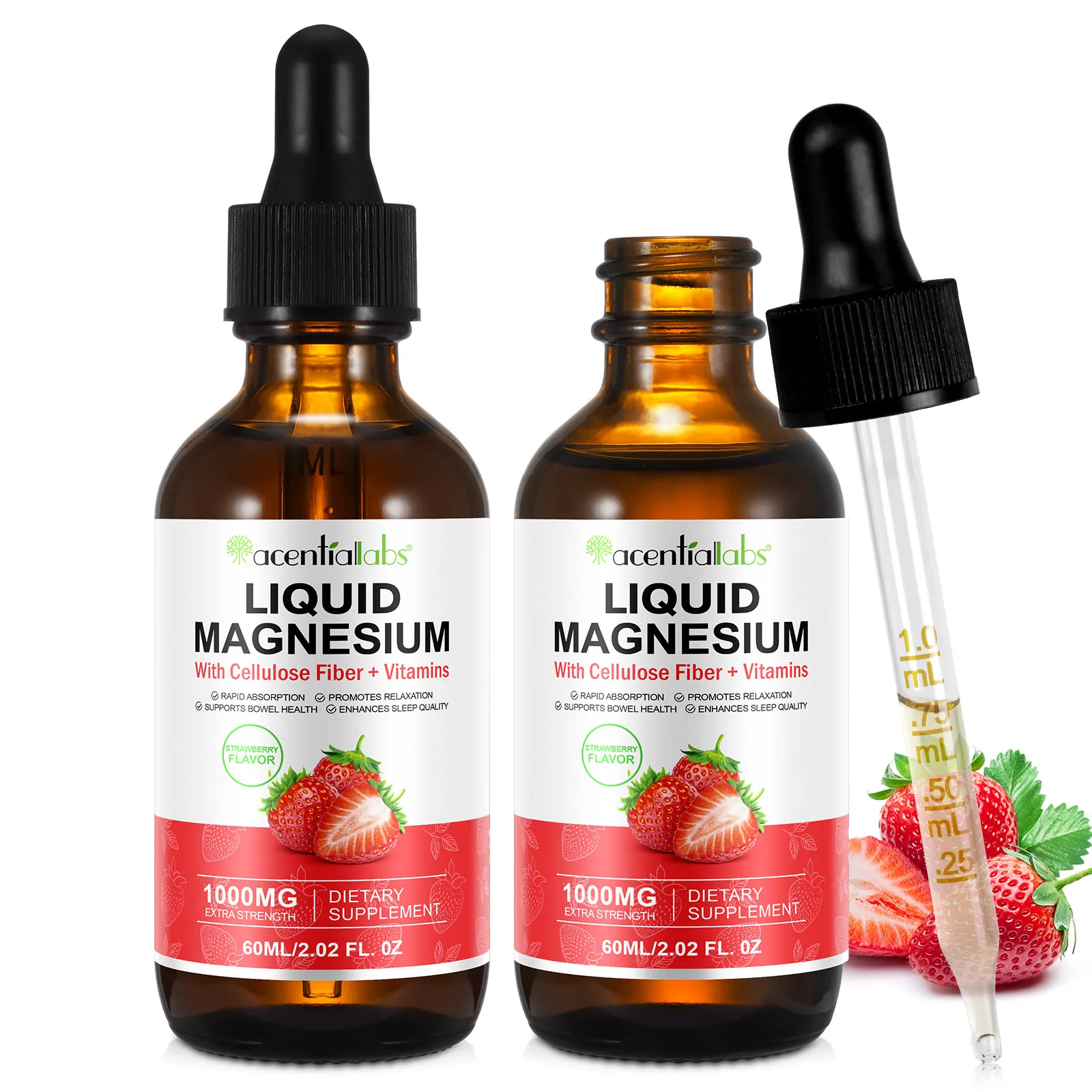 Acentiallabs cellulose fiber vitamins supports bowel health 60ml magnesium glycinate supplement liquid drops magnesium glycinate