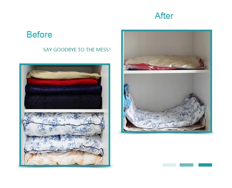 Reusable vacuum compression sealed storage bags save 80% of space for clothing, comforter and bedding storage for easy travel