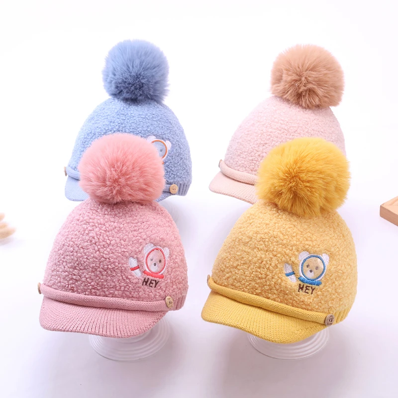 2021 New Design Cute Cartoon Kids Warm Plush Pompom Warm Baseball Cap Set