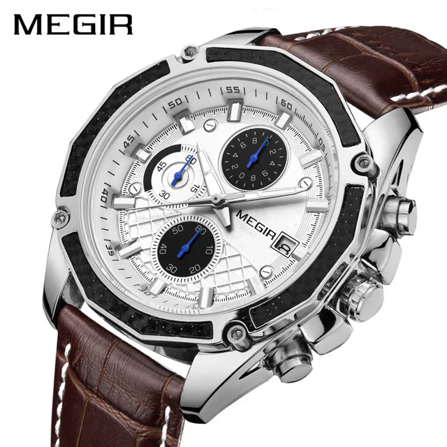 MEGIR 2015 Watch For Men High Quality Genuine Leather Band 3ATM Water Resistant Man Sport Analog Chronograph Quartz Watches