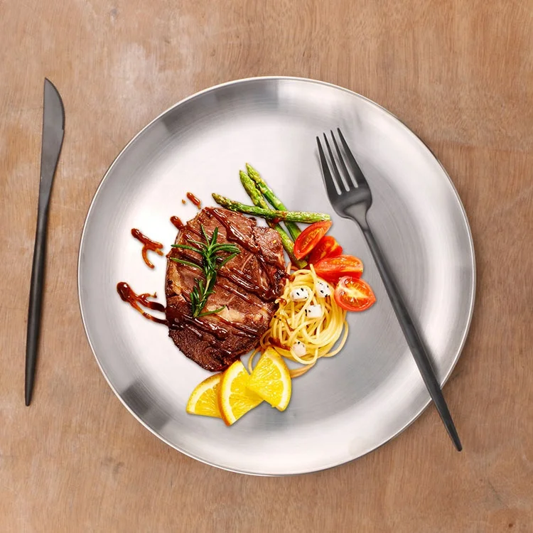 hot sell 304 stainless steel food grade plate with custom logo thick metal dinner buffet BBQ round dish tray