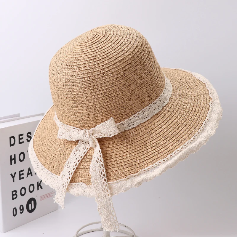 Ladies summer sun seaside beach fisherman hat lace custom chinese straw hat