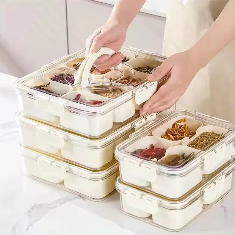 Portable 8 Grid Clear Plastic Snack Box Container Snackle Box Charcuterie Container Divided Serving Tray with Lid and Handle