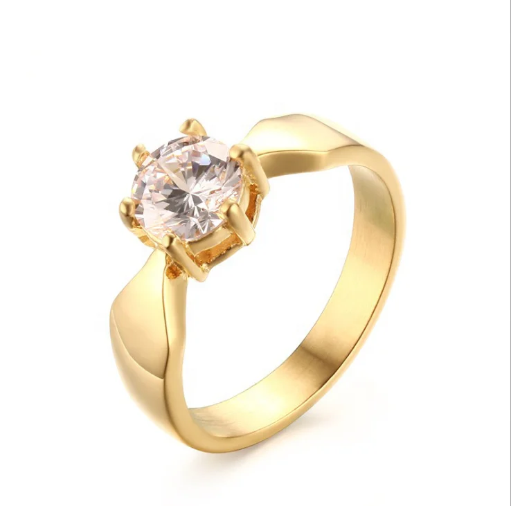 Isunni 7MM Titanium Steel Single Zircon Engagement Ring Diamond Gold Weeding Rings