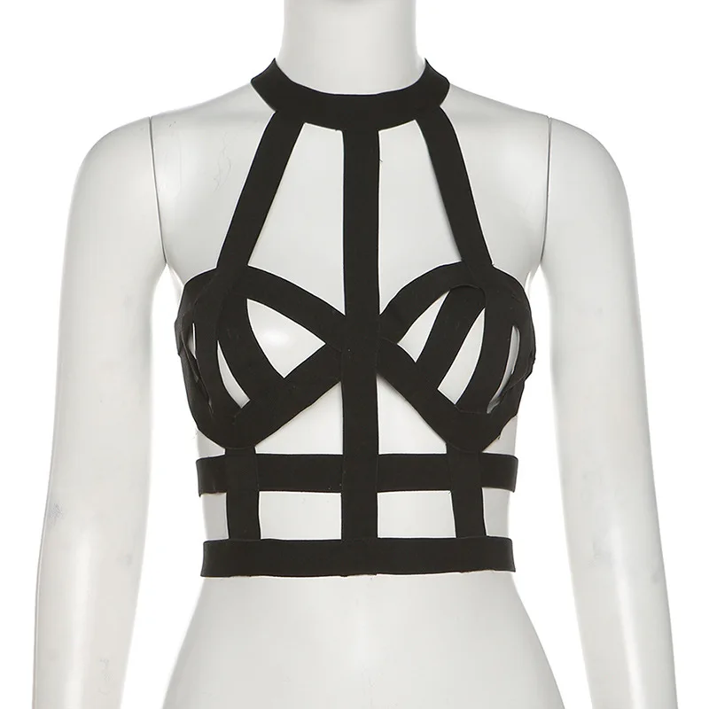 
Summer Sleeveless Hollow Out Crop Top Elastic Band Halter Top Polyester Tank Tops Sexy Club Wear For Women 