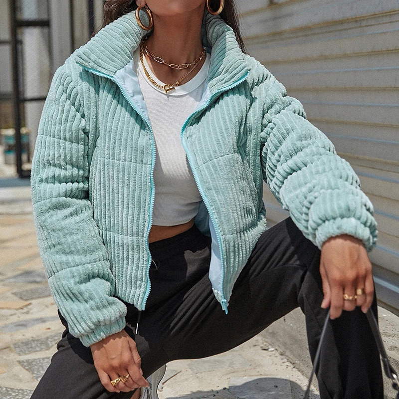 Winter warm zipper windproof waterproof stand collar bubble down thickened corduroy down jacket plain sky blue pilot jacket