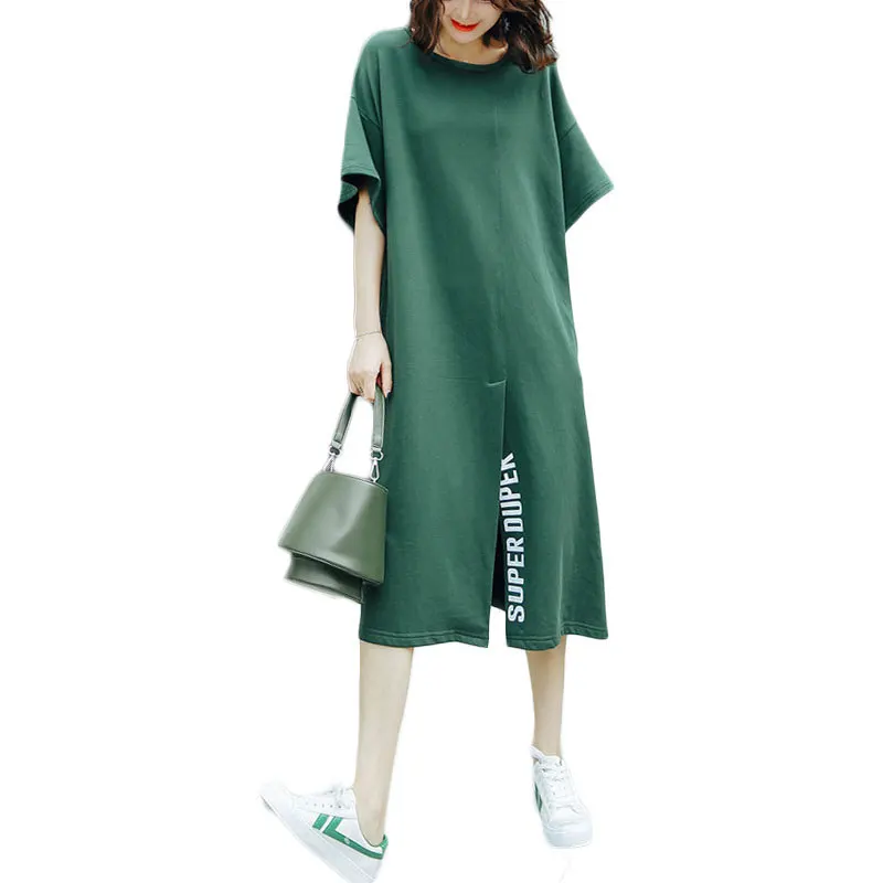 Wholesale European Large Oversized Sexy Slit Cotton Long Summer Dress Fashion Women Clothing Letter Printed Midi T Shirt Dresses