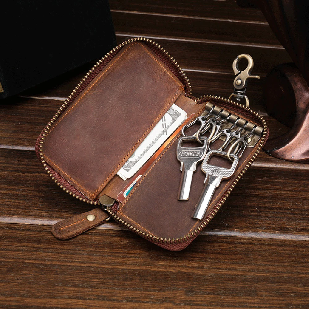 New Design Crazy Horse Leather Car Key Holder Case Key Wallet Coin Purse Keyring Zipper Pouch Waist Hanging Key Bag for Men