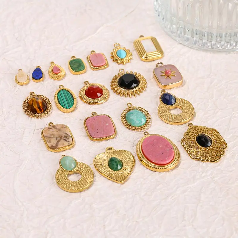 Natural Stone Crystal Oval Pendant Stainless Steel Gold Malachite Rhodonite Jade Turquoise Amazonite Pendants for Making Jewelry