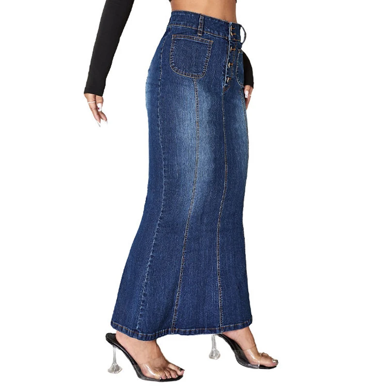 Manufacturer Wholesale Fashion Women Vintage Long Casual High Waist Washed Denim A-Line Denim Maxi For Ladies Jean Skirts
