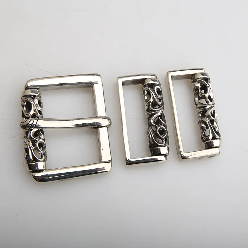 Solid copper three-piece belt buckle white copper brass tang grass pattern fashion personality retro
