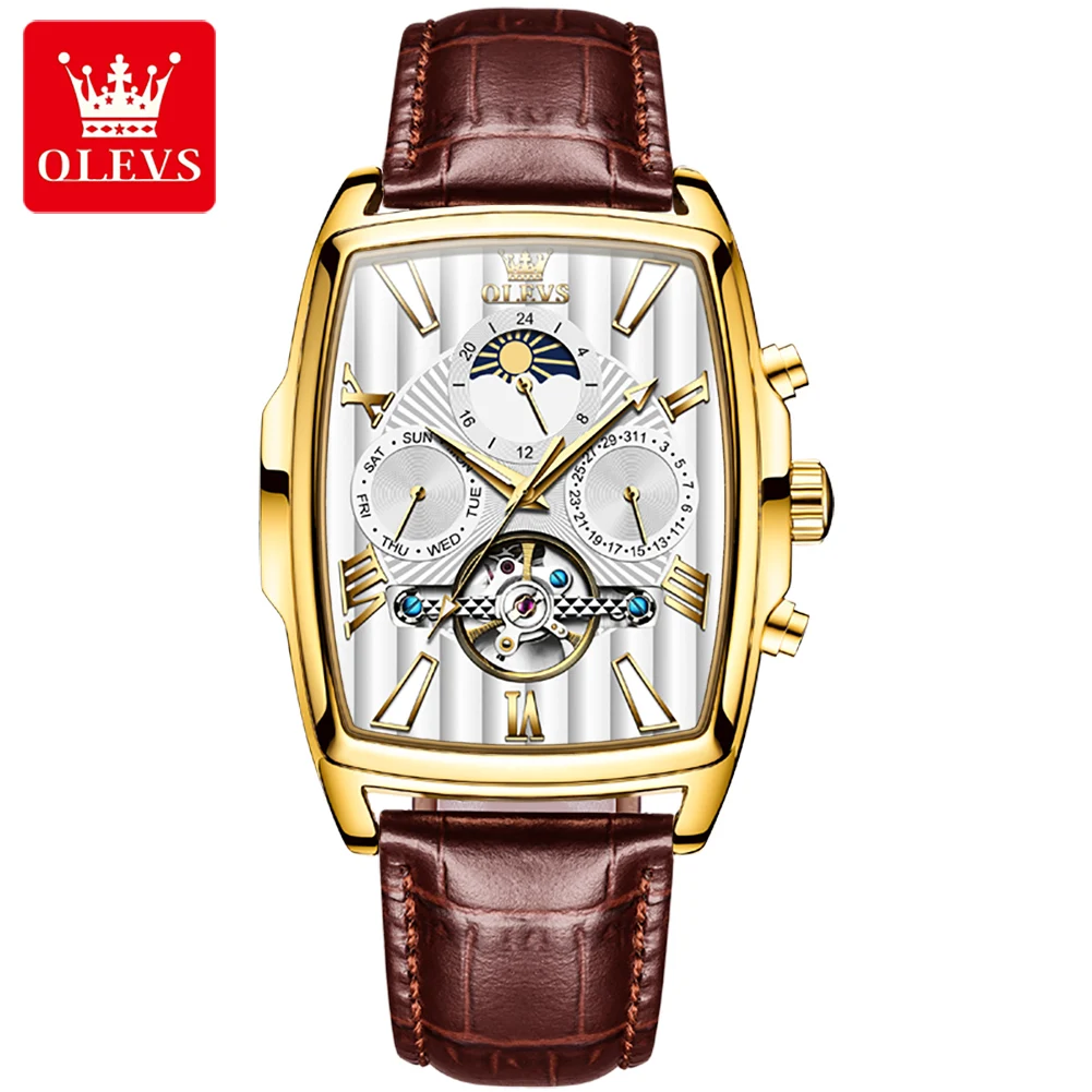 OLEVS 6675 Stainless Steel Genuine Leather Strap Factory Oem Luxury Design Square Automatic Mechanical Wrist Watch