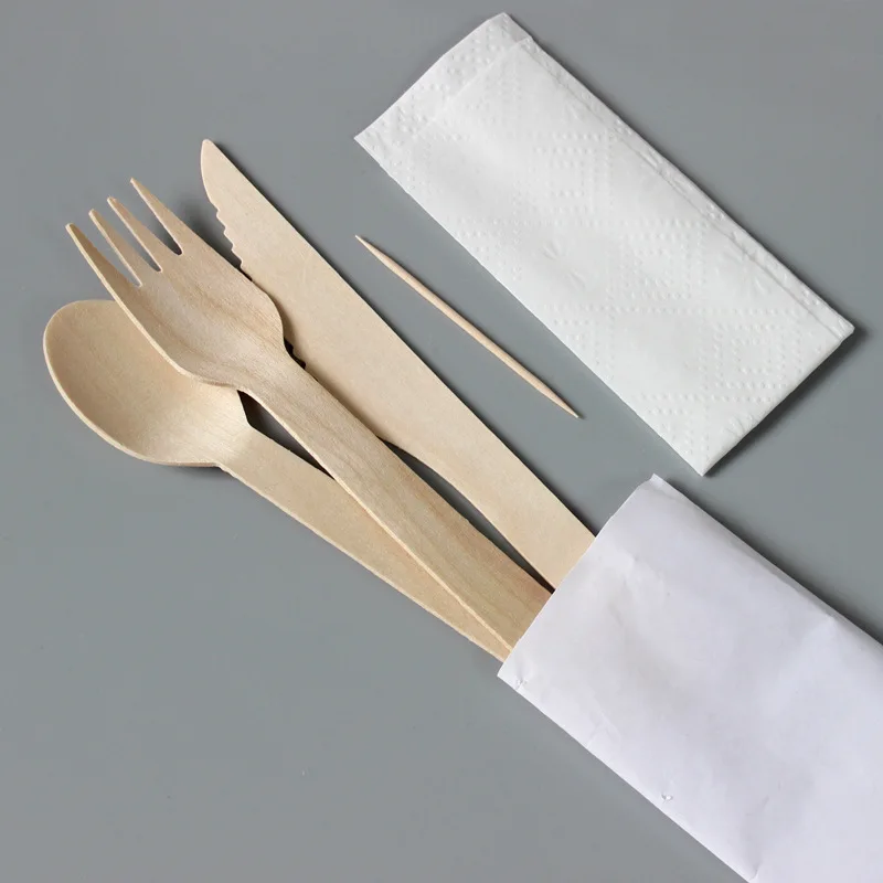 disposable biodegradable customized logo 140mm 160mm wooden cutlery set wooden knife fork spoon with bag
