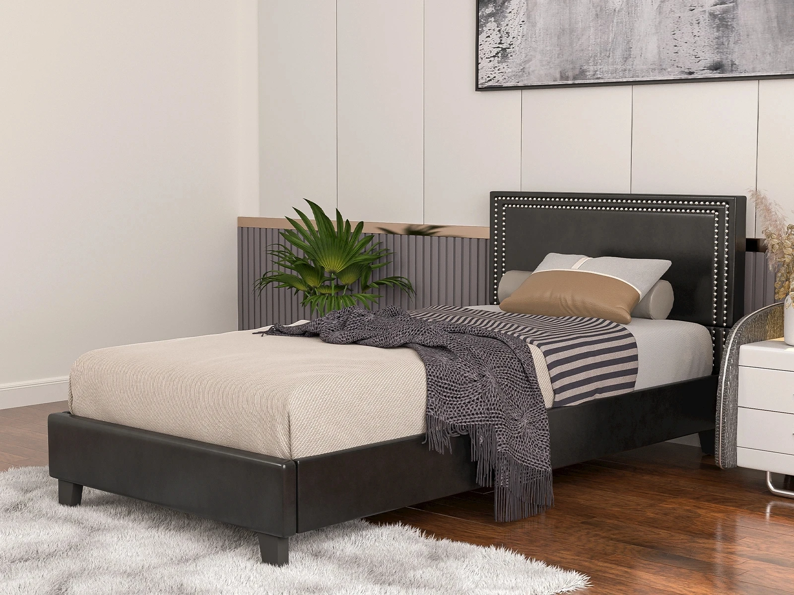 Hot Selling Modern Design Black Bed Frame with Nailhead Trim Headboard with Faux Leather Upholstered Panel Bonded Platform Bed
