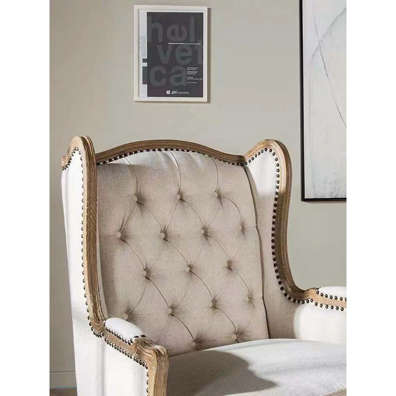 Antique Single Sofa Wooden Frame Linen Fabric Aerican Style Accent Leisure Chair