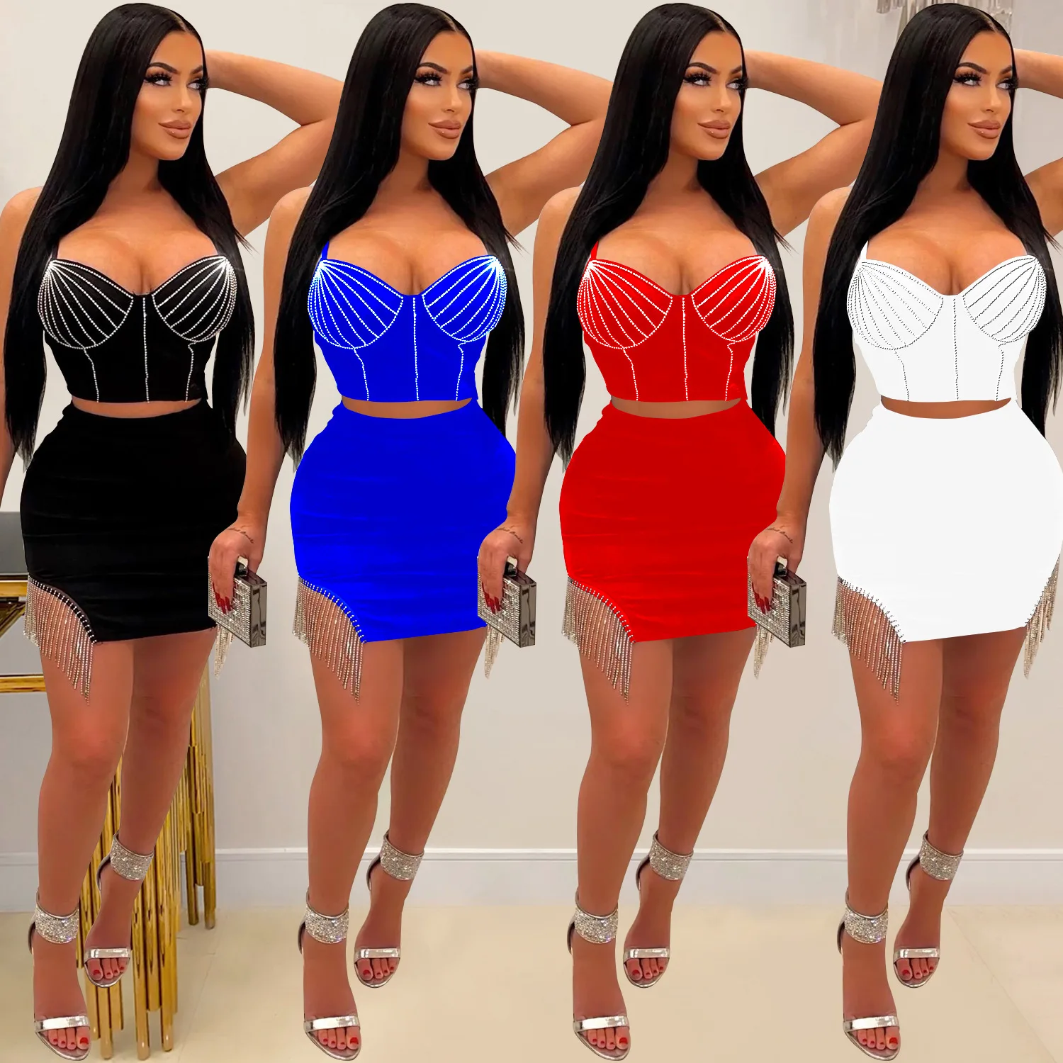 X1238 -  fashion rhinestone fringe spaghetti sleeveless camisole and mini skirt 2 piece set women clothing