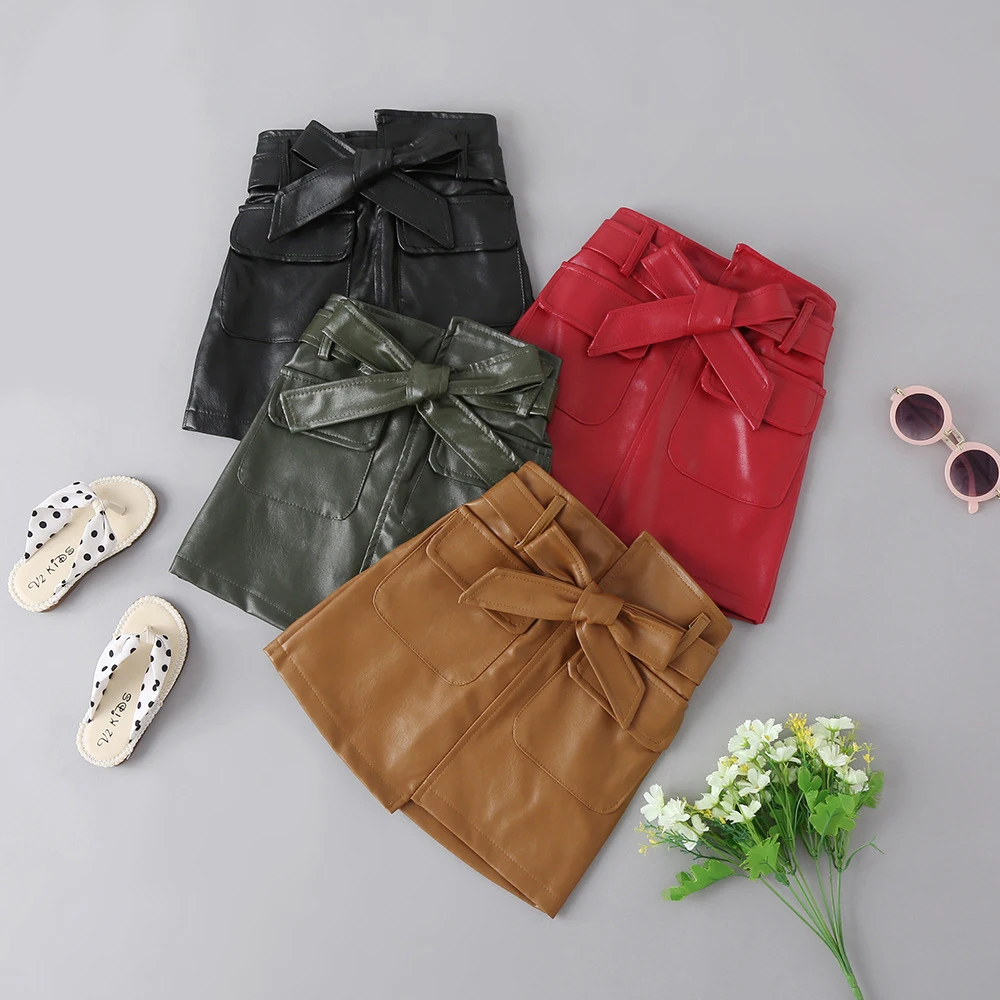 2021 Girls Leather Skirts New Kids Clothes for Boutique Euro America Little Girls Solid Color Leather Short Skirt