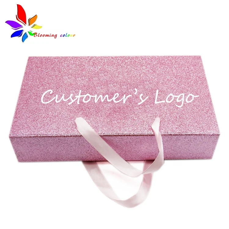 New arrival wholesale pink glitter foldable flat paper board magnetic package box with handle