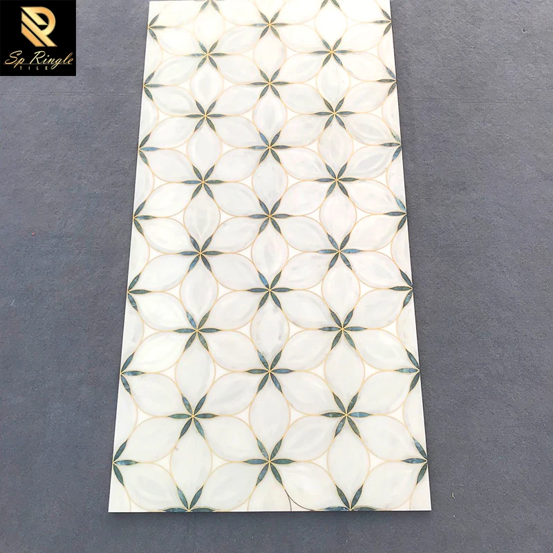 Springletile Gold wire polished Flower Pattern gold vein white marble look ceramic waterjet tile