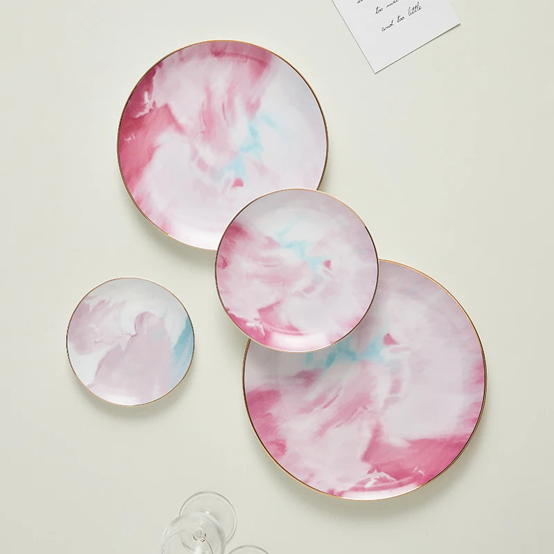 PITO HoReCa romantic pink decal ceramic porcelain dinner plate table setting dinnerware ceramic plate for wedding banquet