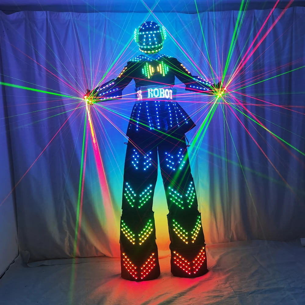Colorful LED Luminous Kryoman and David Guetta Robot Dance Wear LED Light Stilt Robot Suit with Helmet for Performance Wear