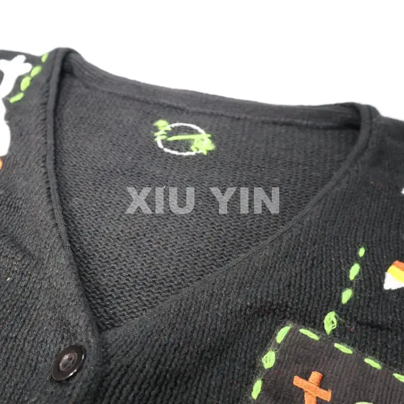 Black  halloween  knit sweater with embroidered ghoust , Pumpkin Winter thick jacquard cardigan with buttons