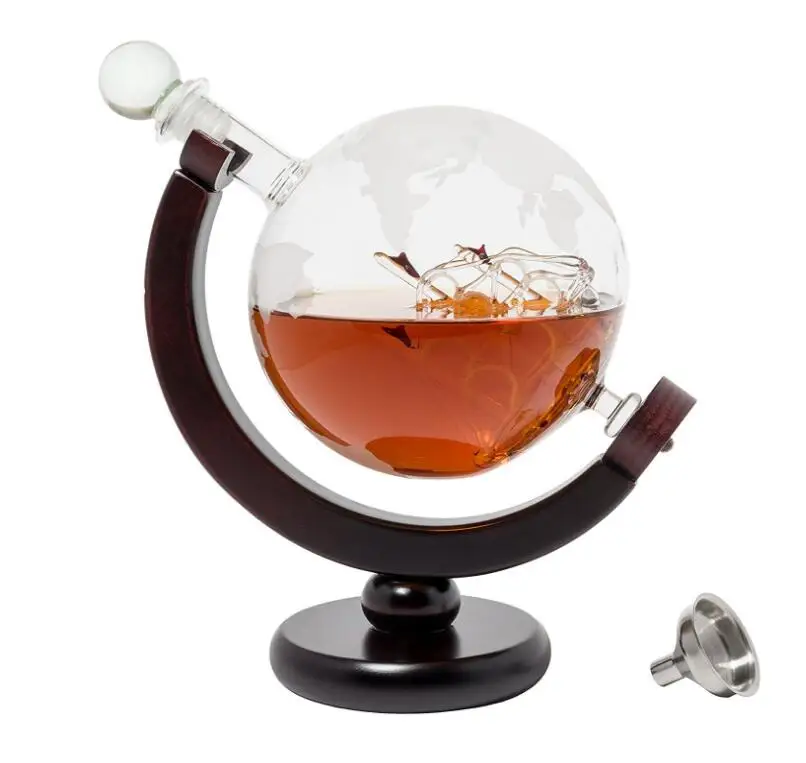 28oz Etched Hand Made Gift Box Tequila Bottle Glass Globe  Glasses Cup Bar Accessories Whiskey Decanter Set with Wood Stand Base