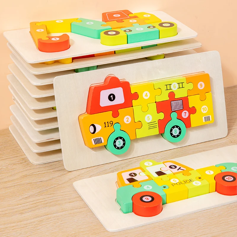 New design Montessori 12 style wooden 3D Dinosaur Car puzzle board Animal Learning Puzzles Game
