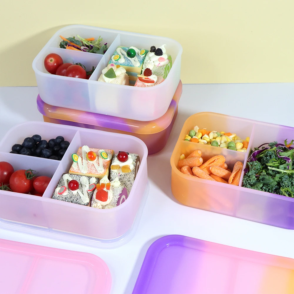 Factory Leakproof Foldable 3 Compartment Kid Snack Fruit Pack Silicone Food Storage Container Bento Lunch Box