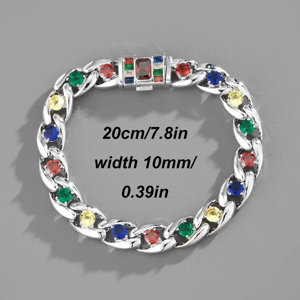 Jachon Hip Hop Silver Chain Flat Cuban Neck Link Chains For Men Boys Choker Necklace With Colorful Zircon