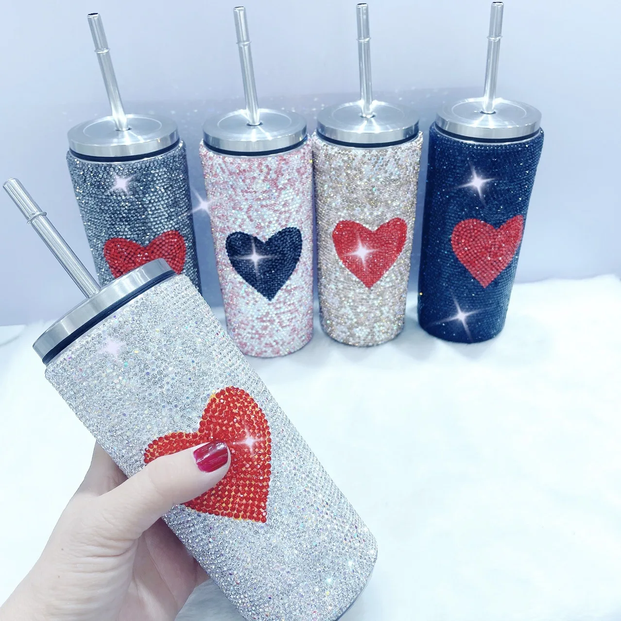 Luxury Fashionable Custom Drink Bottle New Bling Bling Rhinestone Drink Glass Stainless Steel Water Bottle With Straw