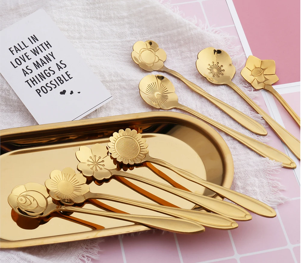 
Eco-friendly Steel Coffee Spoon gold Cutlery Flower Dessert Spoon Ice Cream Tableware 
