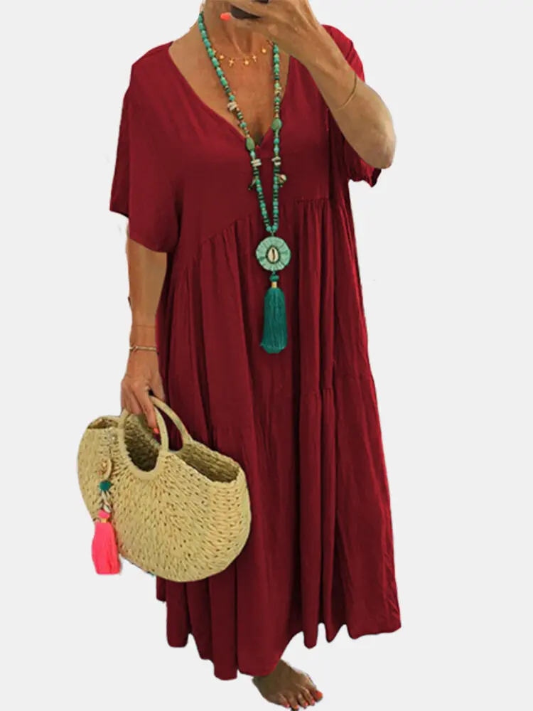 Women Cotton Linen Loose Long Maxi Dress Summer V-neck Short Sleeve Solid Oversized Dresses Plus Size S-5xl