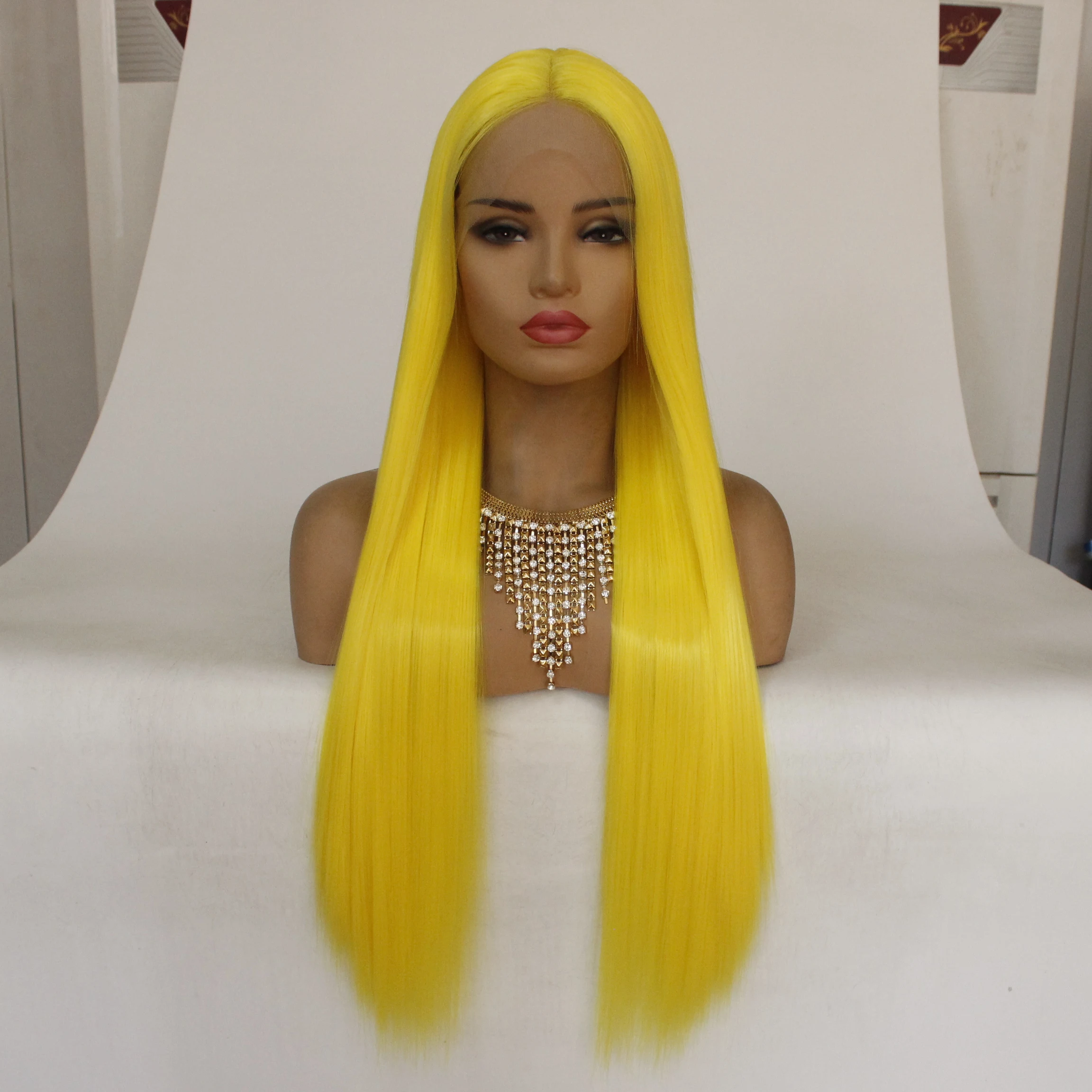 Lemon Yellow Lace Front Wigs Synthetic Silky Straight Sexy Yellow Hand Tied Replacement Wigs Heat Resistant Party Cosplay Daily