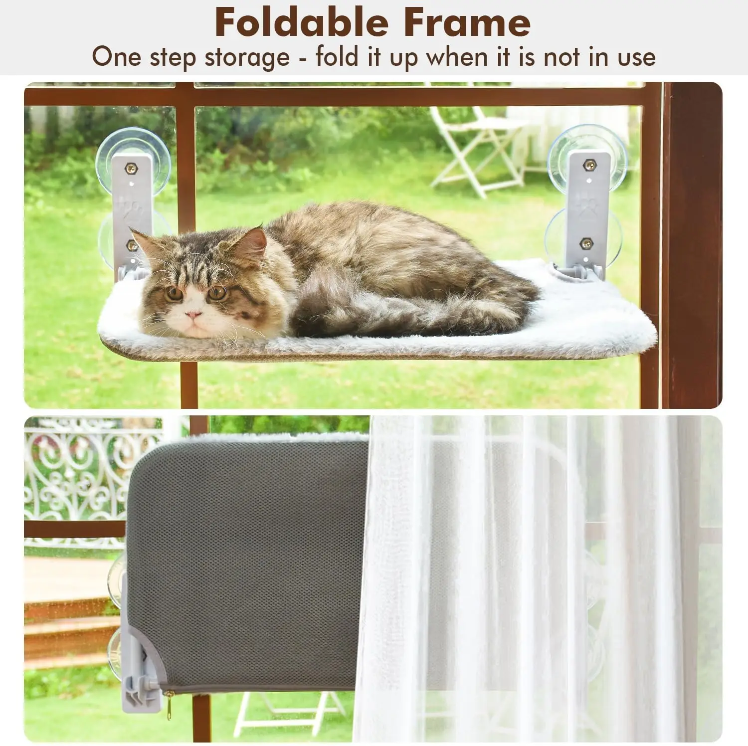 New Foldable Cordless Cat Hammock Wall Robust Metal Frame Cat Window Perch for Large Cats and Kittens With Sucker Warm Fleece