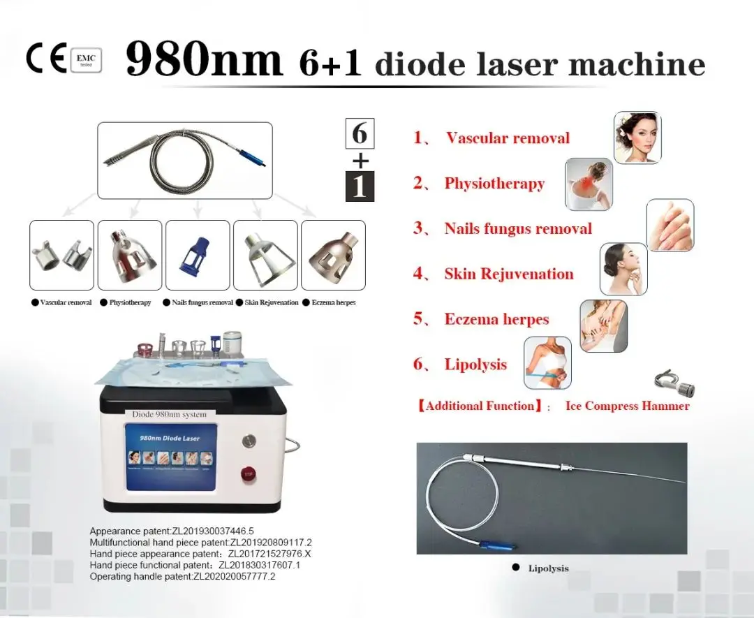Newest 980nm 6+1  Laser Diode Laser Vascular Removal 980Nm Physiotherapy Machine varicose veins treatment