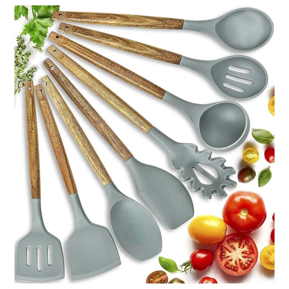 Silicone Cooking Utensils Kitchen Utensil Set - 8 Natural Acacia Wooden Silicone Kitchen Cooking Utensils Set