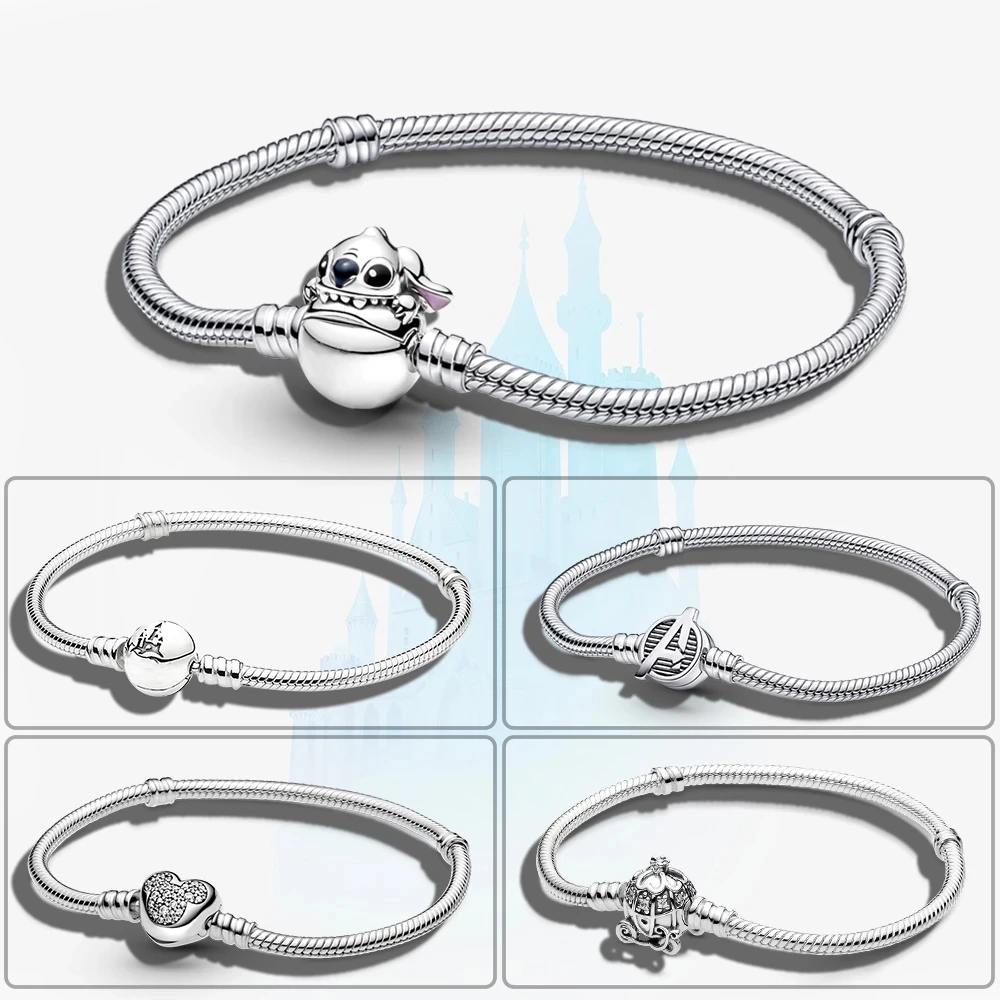 NEW Real 925 Sterling Silver Stitch Bracelet pumpkin car castle snake chain Bracelet Fashion marvel Jewelry Suitable for Women