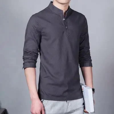 
Fashion long sleeve solid color Stand Collar Placket Plain Dyed cotton blend Hemp Basic Plain Hemp Men T-shirt 