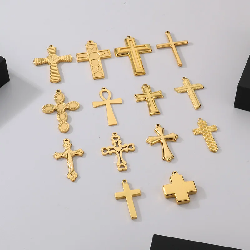 Simple Design 18K Gold Plated Stainless Steel Crucifix Cross Religious Pendant for Jewelry Making Accessories Necklace Bracelet