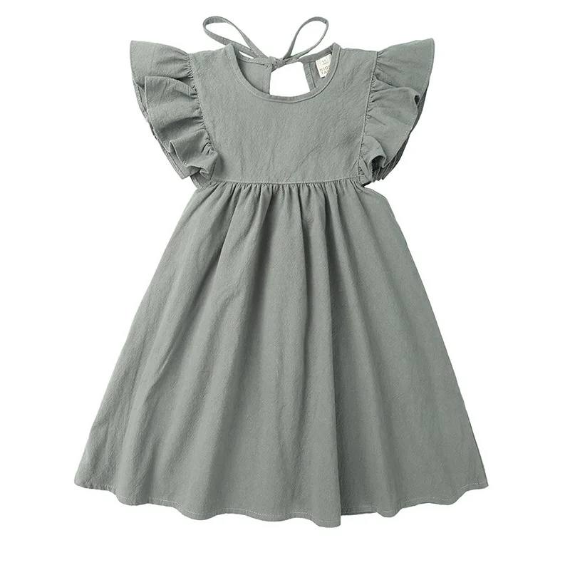 
summer baby solid color cotton and linen girls dresses girls adorable causal fly sleeve dress baby clothes 