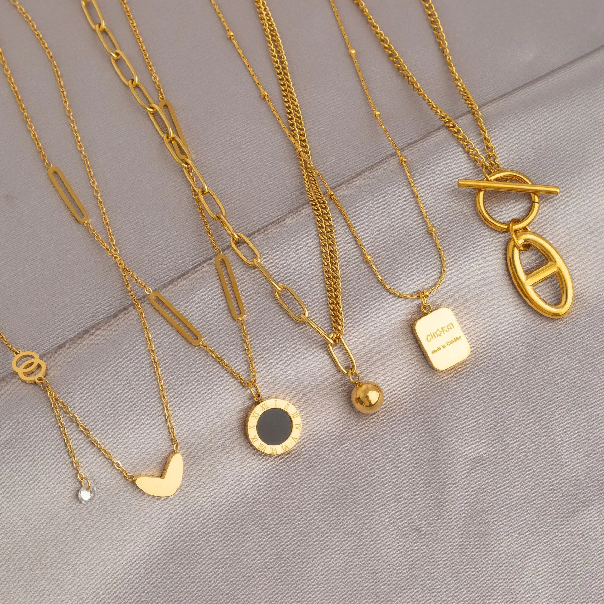 18K Gold Plated Fashion Zircon Jewelry Letter Butterfly Pearl Gem Stone Charm Pendant Hearts Stainless Steel Necklace For Women