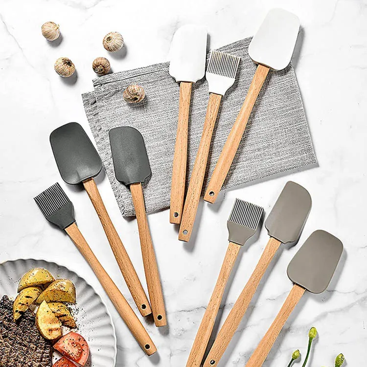 Heat Resistant Silicon Oil Brush And Spatula Kitchen Set Spatula Kids Cooking And Baking Gift Set Solid Wood Handle