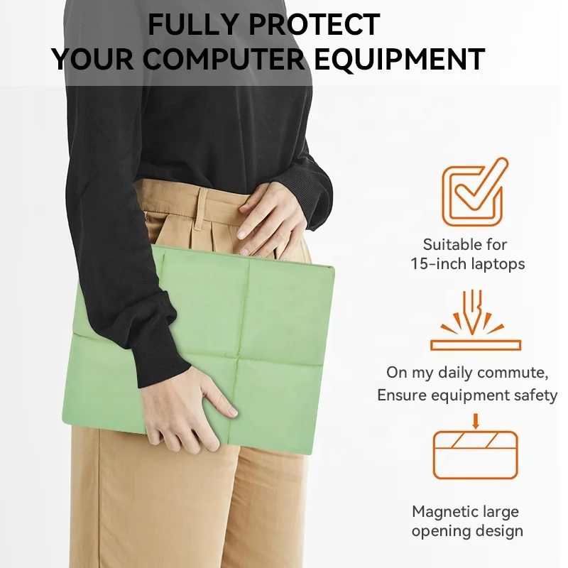 Women Lovely Light Green Windbreak Polyester Material 360 Degree Fleece Fully Protection Quilted Puffer Laptop Carrying Case
