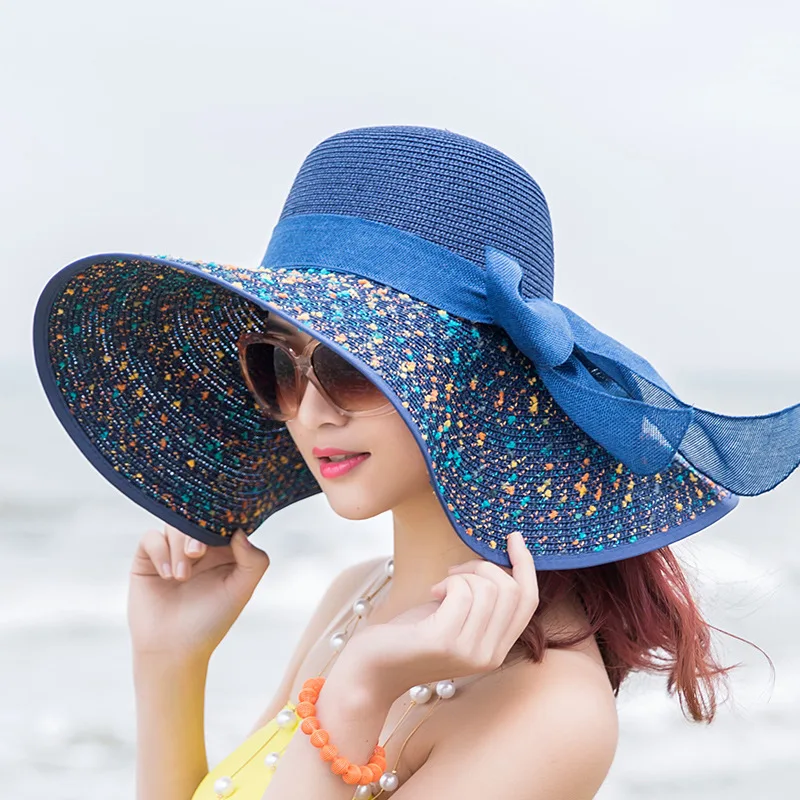 Wholesale colorful and stylish big folding straw hat with big floppy ribbon beach hat gorras verano 2020