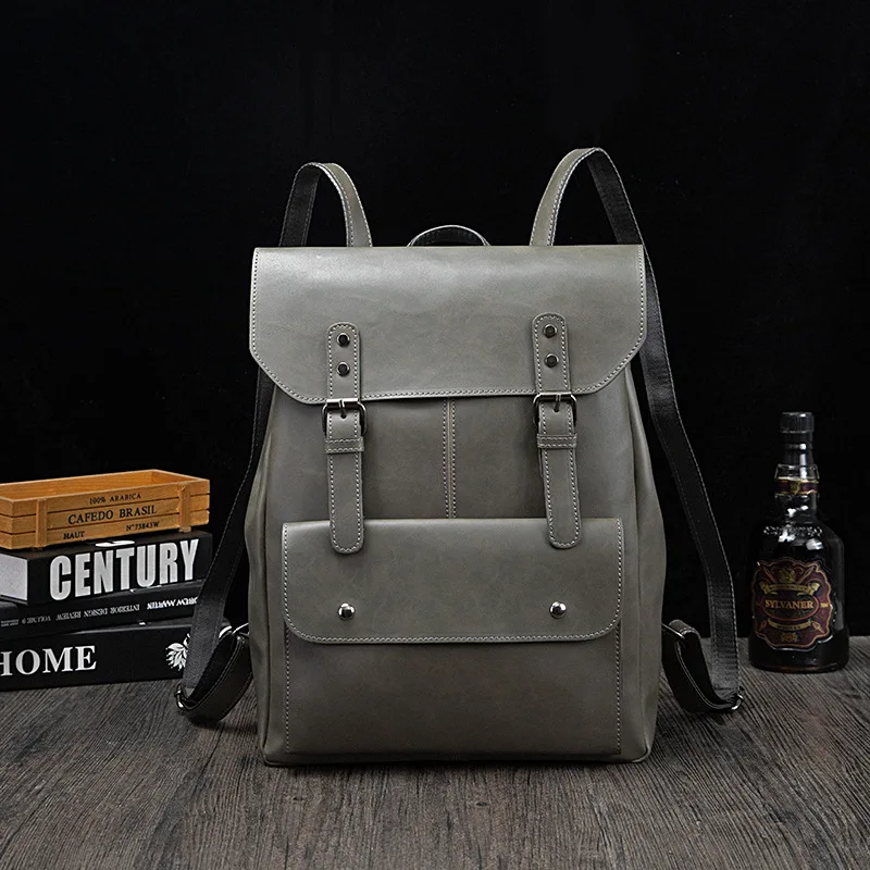 Vintage Waterproof Durable PU Leather Bag For Men Unisex Crazy Horse Leather Backpack
