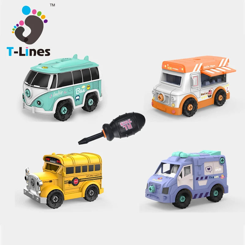 4 In 1 Plastic DIY Assemble Small Cheap DIY Toy Car Educational Friction Power School Bus For Kids
