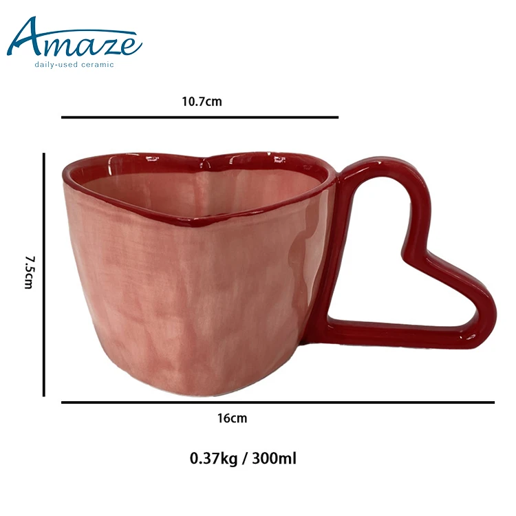 Custom hand painting stripe heart shape tea mug custom color creative ceramic coffee mug with heart shape handle