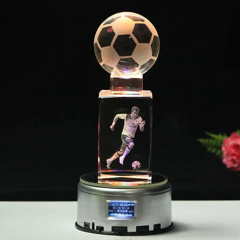 Wholesale Soccer Football Award Trophy Boy Birthday Gift k9 Crystal 3d Laser Engrave Custom Photo Crystal Craft